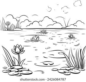 A simple Black and white vector drawing of Frogs, Pond, Nature, Water Lilly