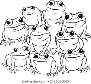 Un simple dibujo vectorial en blanco y negro de ranas, estanque, naturaleza, lirio de agua
