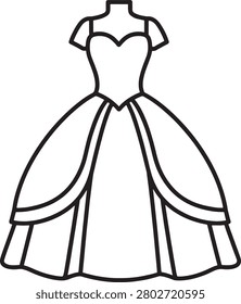 Simple black and white vector drawing of a classic ball gown dress with full skirt and sweetheart neckline.