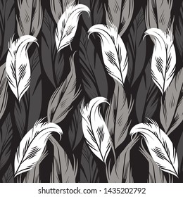 Simple black and white vector feather seamless pattern background