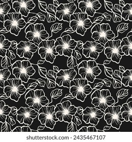Simple negro y blanco vector floral sin patrón. Elegante textura minimalista monocromática con siluetas y hojas de flores contorneadas. Fondo botánico de moda. Diseño decorativo repetido oscuro