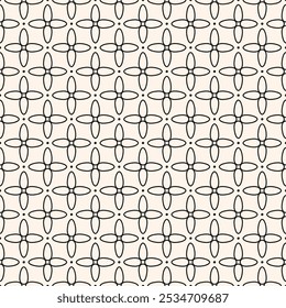 Simple black and white vector floral pattern. Abstract minimalist seamless ornament texture with small outline flower silhouettes, dots. Minimal monochrome geometric background. Repeated geo design