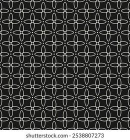 Simple black and white vector floral pattern. Abstract minimalist seamless ornament texture with small outline flower silhouettes, dots. Minimal monochrome geometric background. Dark repeating design