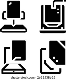 Simple, black and white vector graphic icons depicting data transfer and storage.
