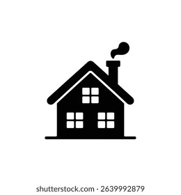 Simple black and white vector graphic showcasing a house silhouette with a chimney emitting smoke, portraying a cozy and comforting domestic scene.