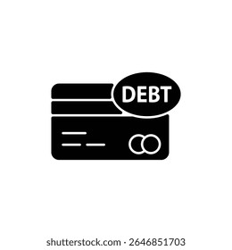 Simple black and white vector graphic of a credit card with the word 'DEBT' indicating financial debt.