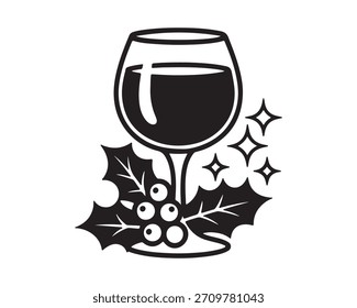 A simple black and white vector graphic depicting a glass of red wine next to festive holly leaves and berries, perfect for holiday design elements.