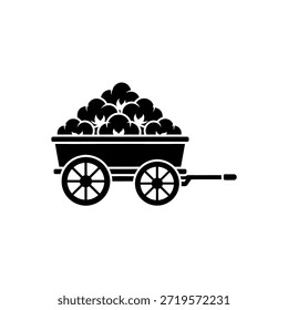 Un simple gráfico de Vector en blanco y negro de un Carrito de granja rústico rebosante de productos, que representa la agricultura y la cosecha.