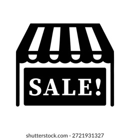 Simples gráfico vetorial preto e branco representando uma loja de varejo ou banca de mercado anunciando uma promoção especial com um arrojado sinal de 'VENDA!' exibido proeminentemente sob um toldo listrado clássico.