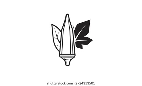 Simples gráfico vetorial preto e branco de um pod de quiabo com duas folhas sobre um fundo branco. Ilustração minimalista de vegetal fresco.