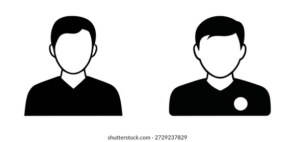 Un simple gráfico de Vector en blanco y negro que muestra dos íconos de silueta masculina uno al lado del otro, una figura incluye una Pequeña insignia circular en el área del pecho.