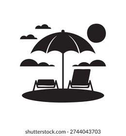 Simple black and white vector graphic illustration of a tranquil beach scene featuring a large umbrella, two lounge chairs, clouds, and a bright sun, representing relaxation, vacation, and summer holidays in a clean, iconic design.