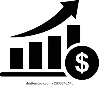 Simple black and white vector graphic depicting economic progress, investment returns, and monetary gain, ideal for finance reports and presentations.
