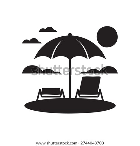 Simple black and white vector graphic illustration of a tranquil beach scene featuring a large umbrella, two lounge chairs, clouds, and a bright sun, representing relaxation, vacation, and summer holidays in a clean, iconic design.