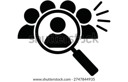 Simple black and white vector graphic illustration of a magnifying glass highlighting a person icon among a group of people icons representing search, identification, or selection in a business or hr context.
