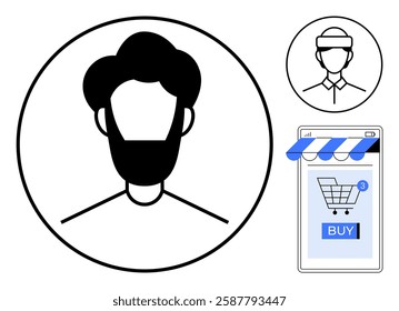 Simple black and white vector graphics showing a mans profile with a beard, a smaller man icon, and a shopping app interface indicating the buy button. Ideal for e-commerce, profiles, user