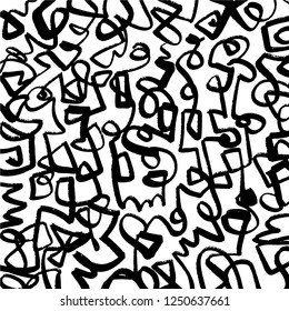 Simple black and white vector hand drawn lines pattern, background with ink shapes. Universal trendy print for fabrics and other.
