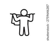 A simple black and white vector icon of a person holding a towel over their shoulders. Minimalist sketch style illustration for web or print.