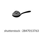 A simple black and white vector icon illustration featuring a spoonful of coiled pasta noodles representing dining or cooking.