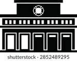 Simple black and white vector icon of a fire station building with garage bays and a fire department emblem.