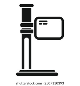 Simple black and white vector icon of a microscope standing on a laboratory table, for scientific or medical concepts