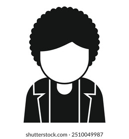 Simple black and white vector icon of a young man with afro hair wearing a jacket