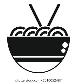 Simple black and white vector icon of a bowl of noodles with chopsticks, perfect for representing asian cuisine