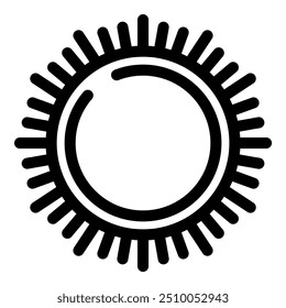 Icono de Vector blanco y negro simple de un sol con rayos afilados que emanan del círculo central