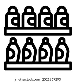 Simple black and white vector icon of a supermarket shelf stocked with different products