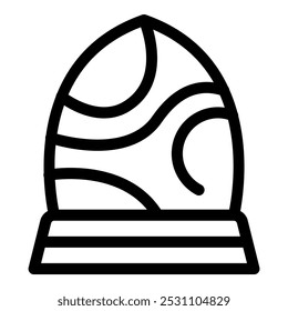 Simple black and white vector icon of an easter egg decorated with wavy lines standing on a stand