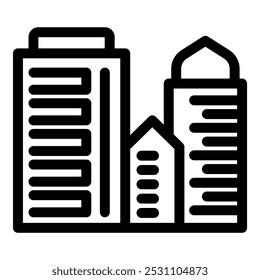 Simple black and white vector icon representing a cityscape with skyscrapers and a smaller building in the middle