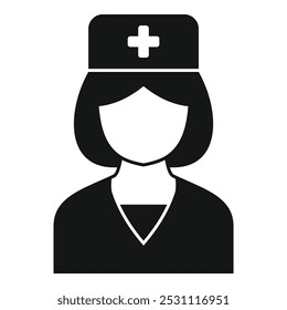 Simple black and white vector icon of a female nurse wearing a uniform and a hat with a medical cross