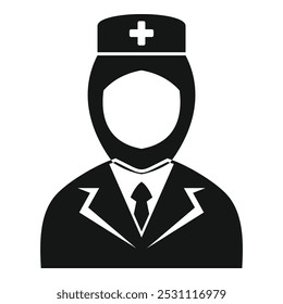 Simple black and white vector icon of a muslim woman doctor wearing hijab and uniform