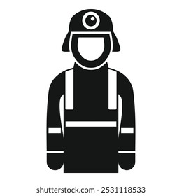 Simple black and white vector icon of a firefighter wearing a protective uniform and helmet with a flashlight