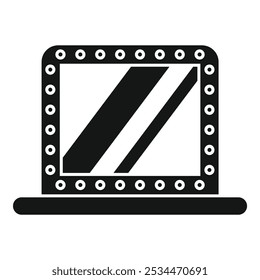 Simple black and white vector icon of a makeup mirror with light bulbs around it, great for beauty and makeup topics
