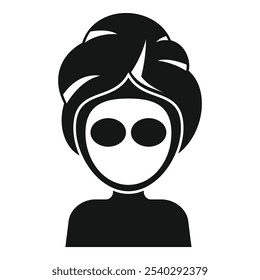 Simple black and white vector icon of a woman relaxing with a facial mask and towel on her head