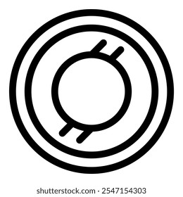 Icono de Vector blanco y negro simple de una moneda de criptomoneda genérica, con anillos internos y externos con dos líneas cortas debajo del círculo central