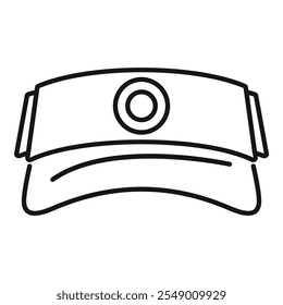 Simple black and white vector icon of a sun visor hat with a round badge for branding