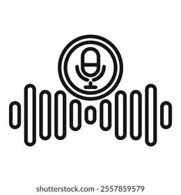 Simple black and white vector icon of a podcast logo, featuring a microphone surrounded by a circle with sound waves below