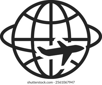 Simple black and white vector icon of an airplane flying around the earth globe, representing concepts such as international travel, tourism, and global transportation