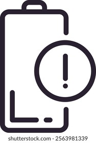 Simple black and white vector icon of a battery with an exclamation mark, indicating a low power warning, useful for user interfaces and mobile apps