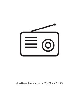 Simple black and white vector icon of a retro radio with an antenna, circular knob, and speaker grille, perfect for technology or communication-themed designs.