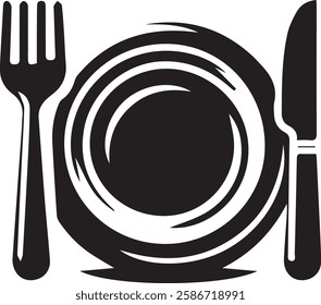 Simple black and white vector icon of a dining setup featuring a plate, fork on the left, and knife on the right. Ideal for restaurant menus, food-related applications, kitchen signage, or dining-rela