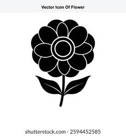 Simple Black and White Vector Icon of a Flower with Leaves