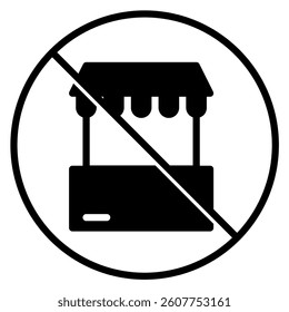 A simple black and white vector icon showing a market stall with a prohibition sign over it. This image is suitable for use in indicating restrictions or regulations regarding market stalls.