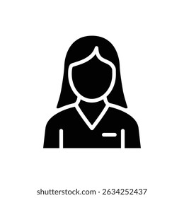 A simple black and white vector icon depicting a woman's silhouette. Ideal for website or application use.