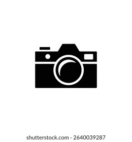 A simple black and white vector icon of a camera, suitable for use in photography related websites, technology illustrations, or visual arts projects, easy to adapt.