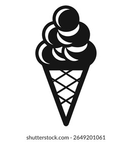  Simple black and white vector icon of an ice cream cone with three scoops. Ideal for sweet treat concepts, desserts, summer, and food graphics.