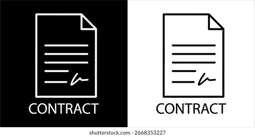Ícone de vetor simples em preto-e-branco de um documento de contrato assinado, estilo de arte de linha plana. Perfeito para os conceitos de contrato, jurídico, assinatura, negócios e papelada.