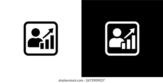 "Simple black and white vector icon showing a person silhouette with a bar chart and upward arrow, symbolizing business analytics, financial growth, data analysis, and success. 
